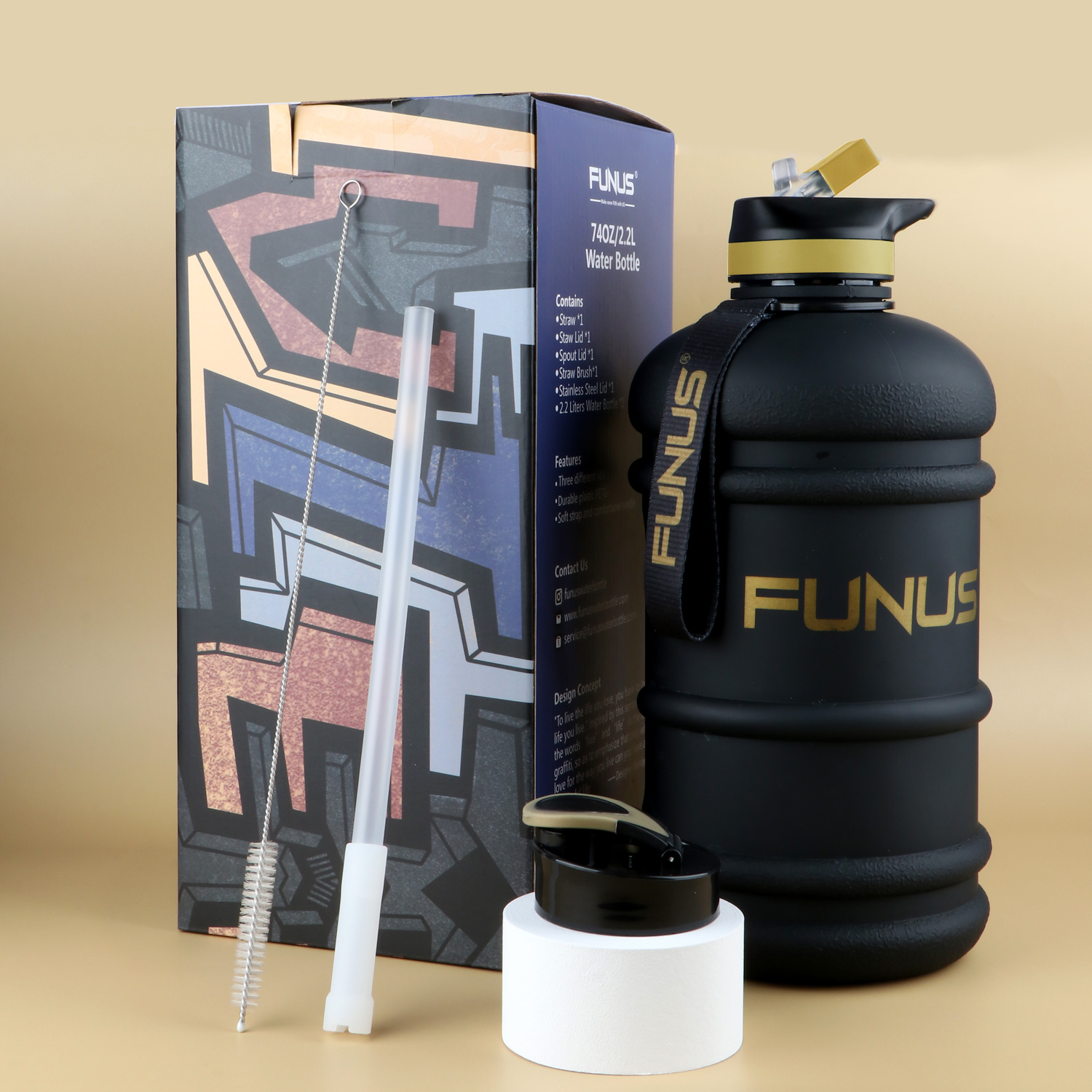 FUNUS 1 Gallon Water Bottle with Straw Odorless Hydro Jug BPA Free Water 