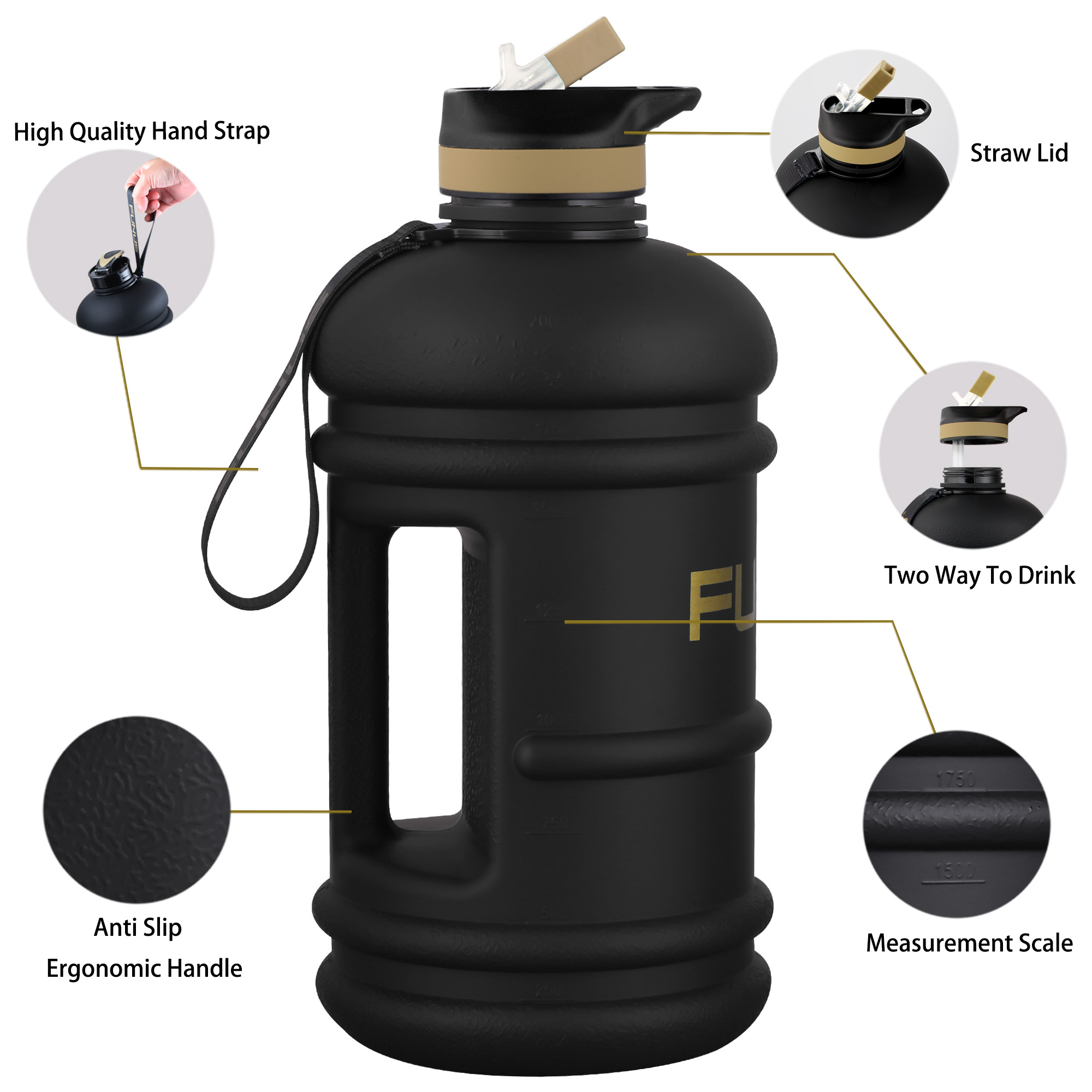 FUNUS Big Water Bottle BPA Free Half Gallon Water Bottle Hydro Jug Reusable Water  Bottle with Straw for Men Women Fitness Sport (Black, 2.2L) – SOCOO