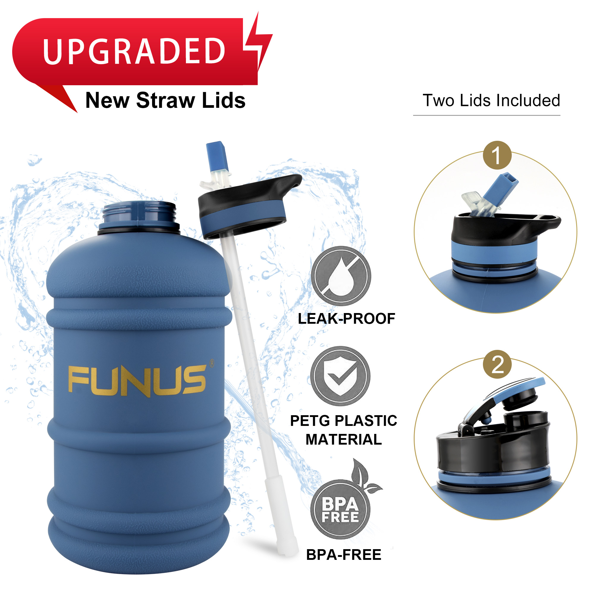 FUNUS Big Water Bottle BPA Free Half Gallon Water Bottle Jug with Straw for  Men Women Fitness Sport (Navy Blue, 2.2L)