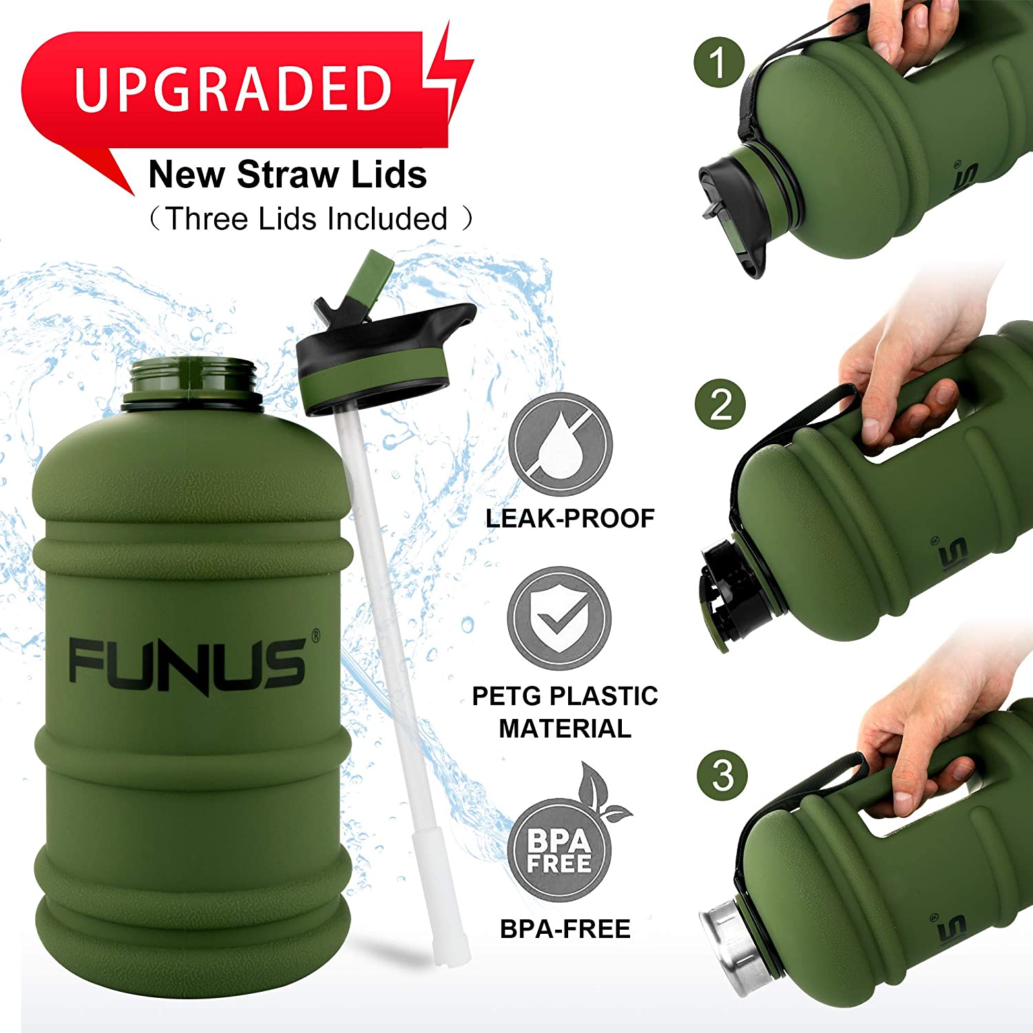FUNUS Big Water Bottle BPA Free Half Gallon Water Bottle Hydro Jug Reusable Water Bottle with