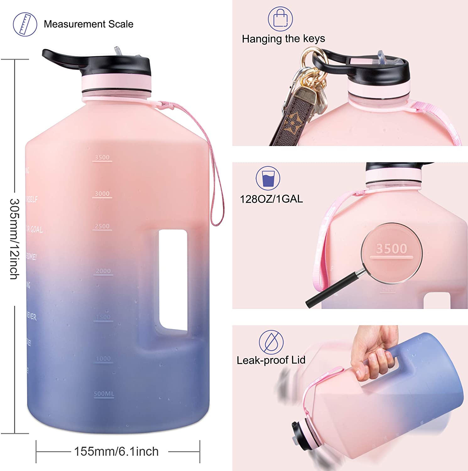 SOCOO Square Gallon Water Bottle pink with Time Marker water jug